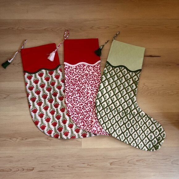 Handmade Festive Block Print Christmas Stockings, Set of 3 - Picture 1 of 8